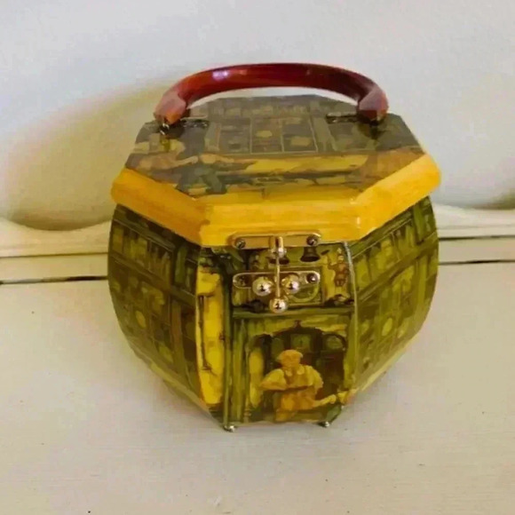 Anton Pieck Decoupage Bakelite Top Handle Purse Hand Crafted Wooden 1970s - Picture 1 of 6